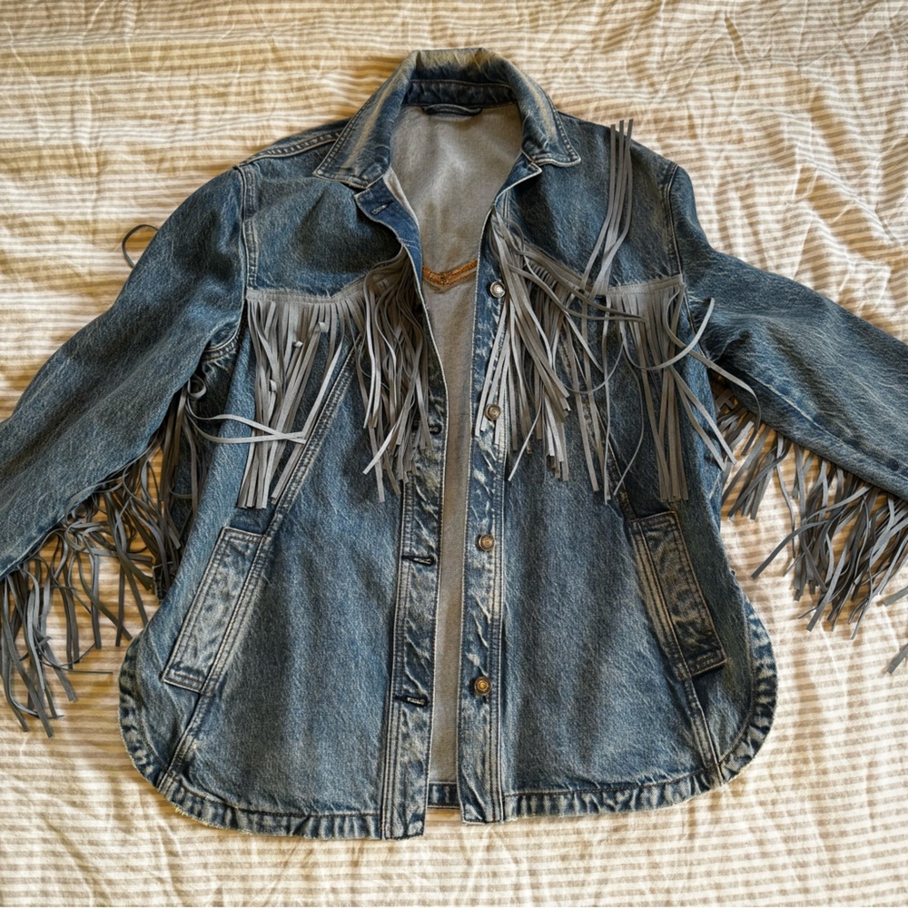 Fringed Denim Jacket - Blue Oversized